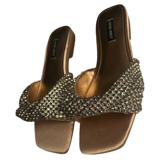 Nine West Metallic Gold Crystal Embellished Dress Sandals - Picture 4 of 6